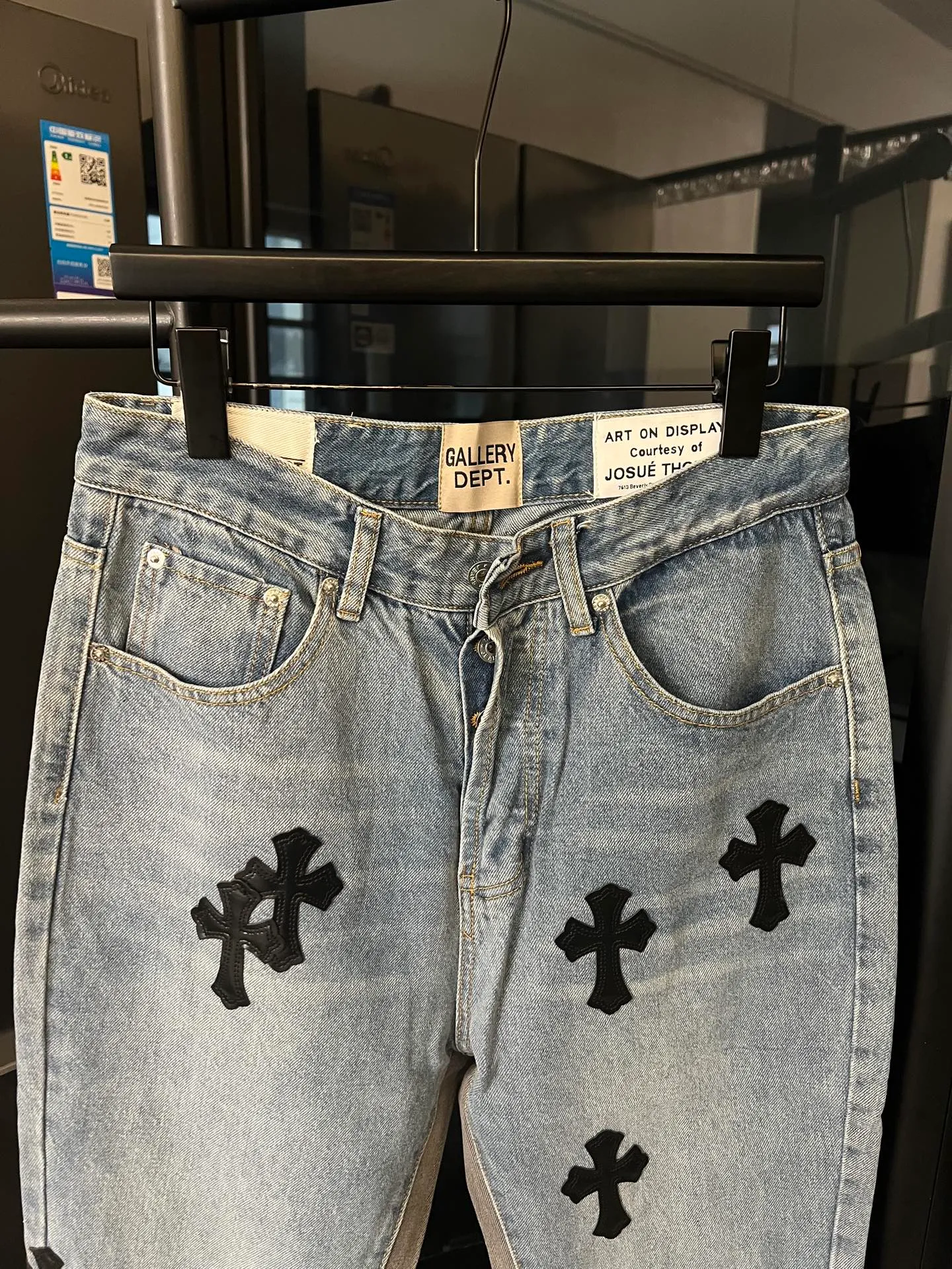 P260 [next day] Chrome hearts/Chrome hearts GALLERY DEPT cross-leather joint stitching jeans (blue) Size: 28 30 32 34 (corresponding to s-xl) Detailed sizes can be found in Figure 9